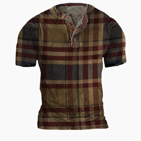 Men's Vintage Plaid Print Outdoor Henley Collar Tactical Shirt
