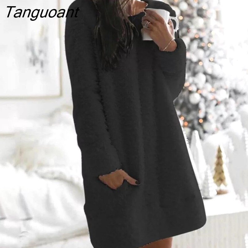 Tanguoant Plush Loose Women's Dress 2021 Autumn Fashion Long Sleeves Casual Round Neck Cotton-Blend White Mini Dresses For Women