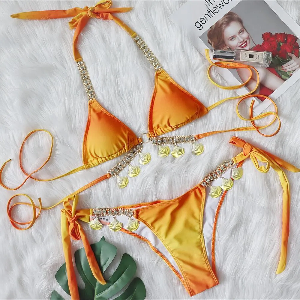Uveng Uveng New Sexy Strap Gradient Print Women's Split Swimsuit Luxury Crystal Diamond Bikini Shell Swimsuit