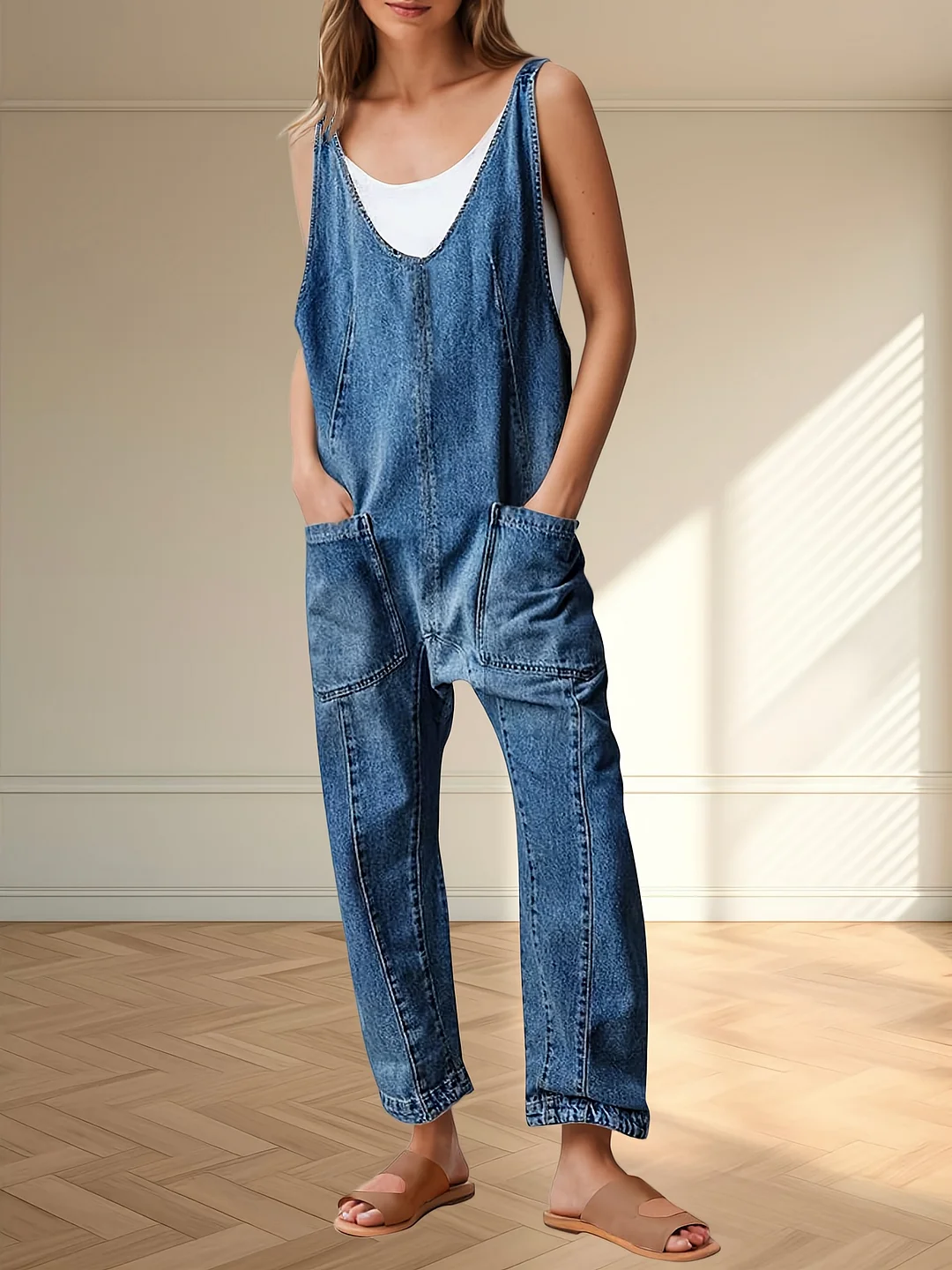 New Arrival Women's Denim Jumpsuit - Adjustable Straps V-Neck Sleeveless Long Pants Romper With Pockets, Loose Fit Casual Outfit For Spring Summer Fall, Versatile Clothing, Seasonal Fashion, Nontransparent Fabric, Casual Attire, Easy Care Fabric | IFYHOME