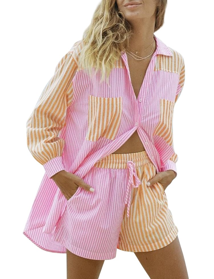 Women’s 2 Piece Casual Tracksuit Outfit Sets Stripe Long Sleeve Shirt And Loose High Waisted Mini Shorts Set