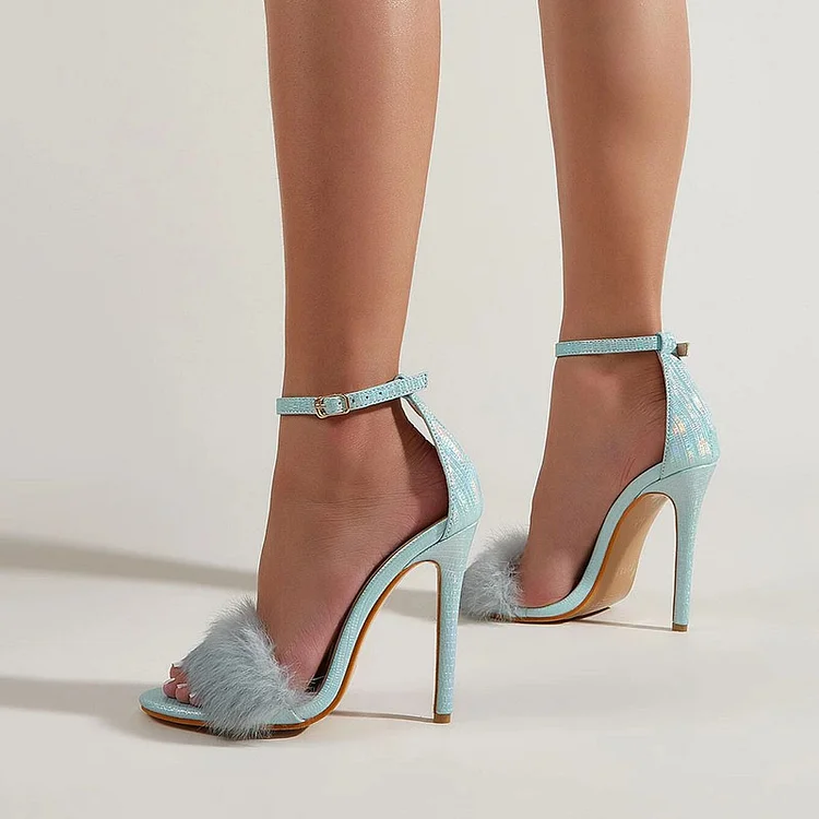 Lightblue Ankle Strap Heels Elegant Furry Shoes Stiletto Heel Sandals |FSJ Shoes