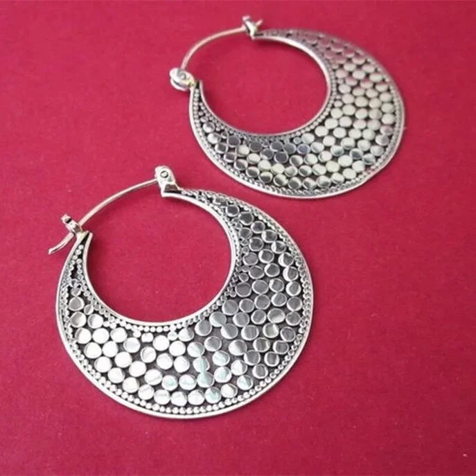 Vintage Metal Hand-Engraved Pattern Women's Hoop Drop Earrings
