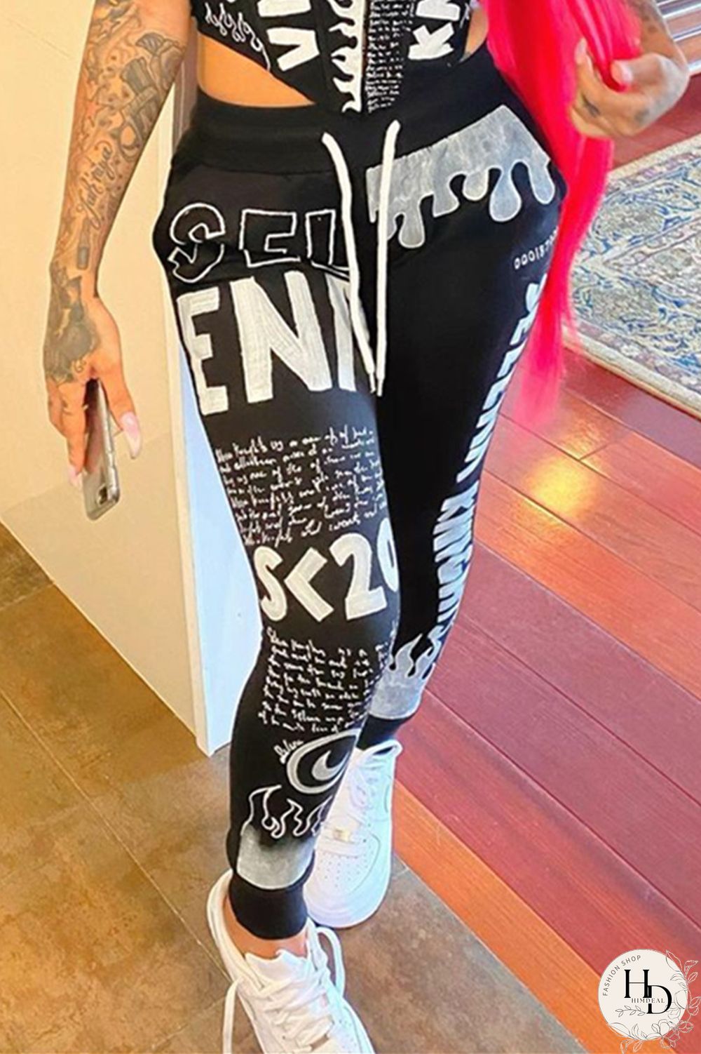 Black Fashion Casual Print Mid Waist Trousers