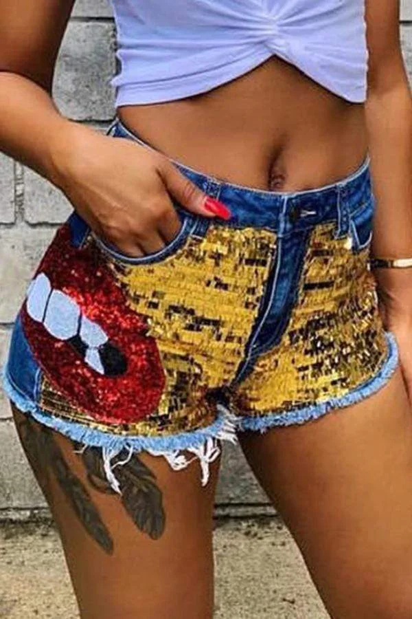 Stylish Sequin Decoration Denim Shorts