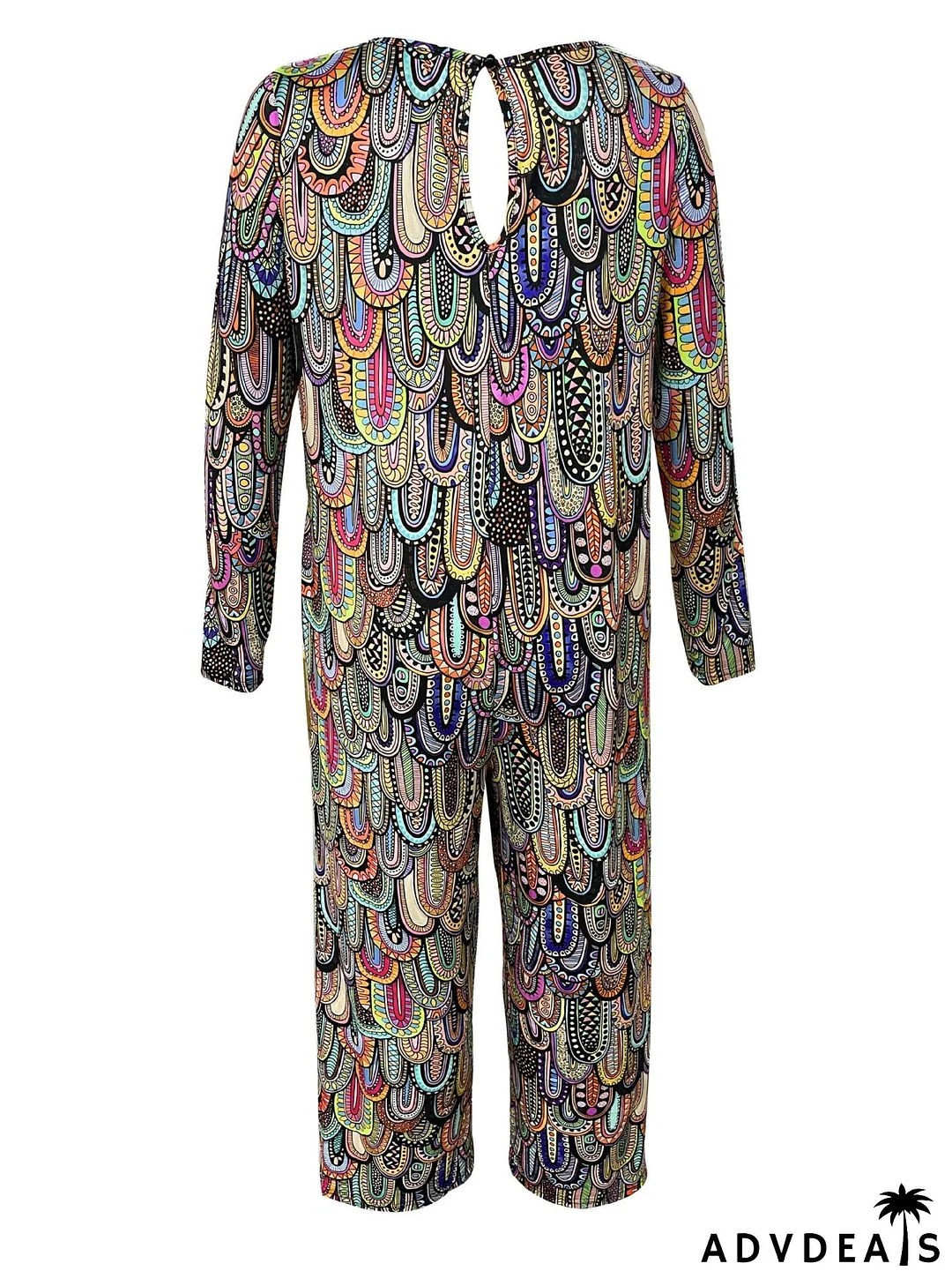 Women Print Casual Round Neck Loose Long Sleeve Jumpsuit