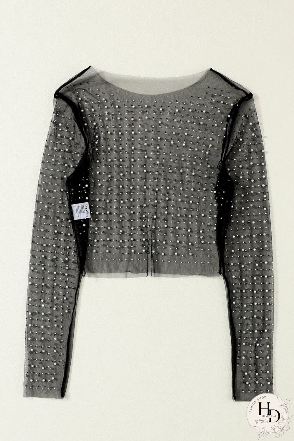 Elegant Black Mesh Sheer Top with Pearl and Rhinestone Embellishments