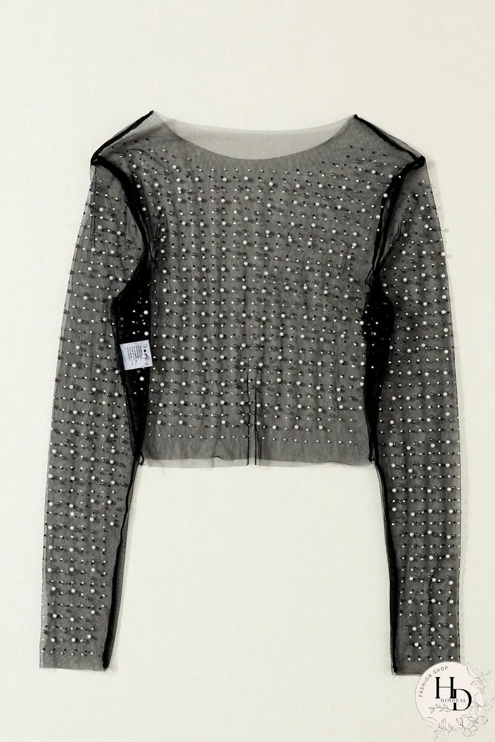 Elegant Black Mesh Sheer Top with Pearl and Rhinestone Embellishments