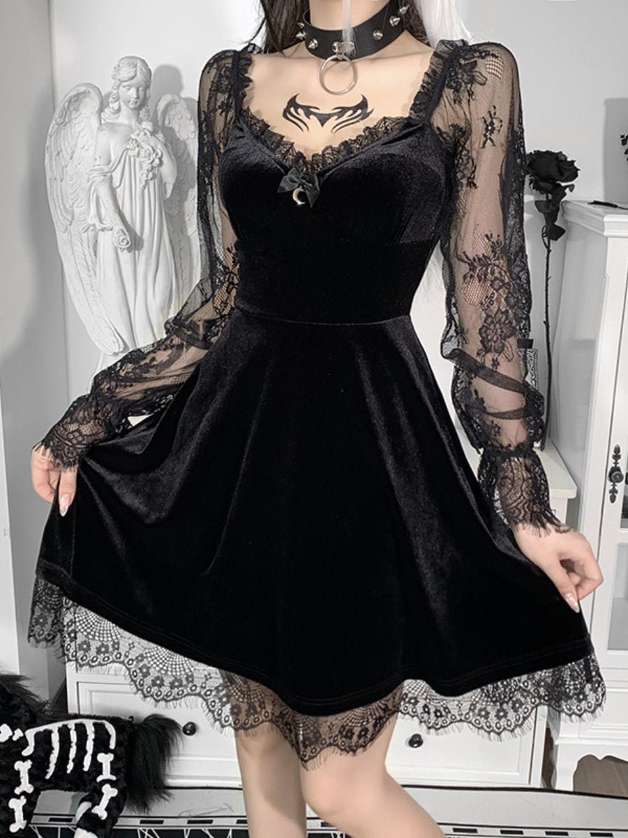 Sexy Gothic Dress Bell Sleeve Lace Velvet Patchwork Ruffled Dress