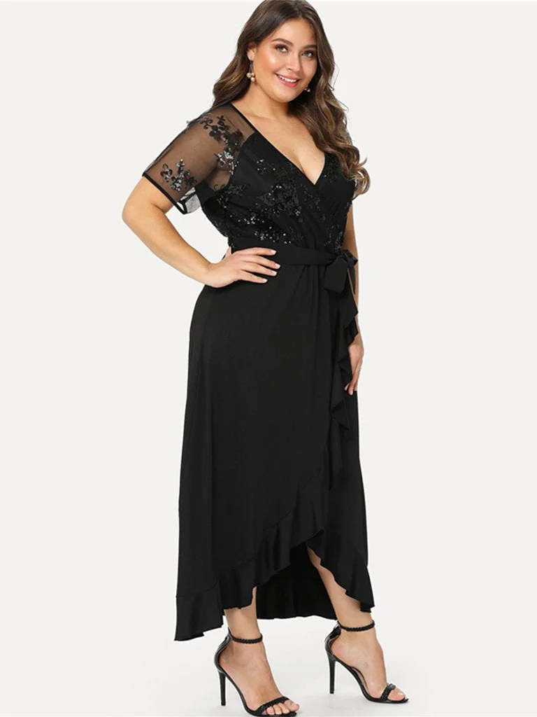 Plus Size Dress V Neck Ruffle Belted Maxi Dress