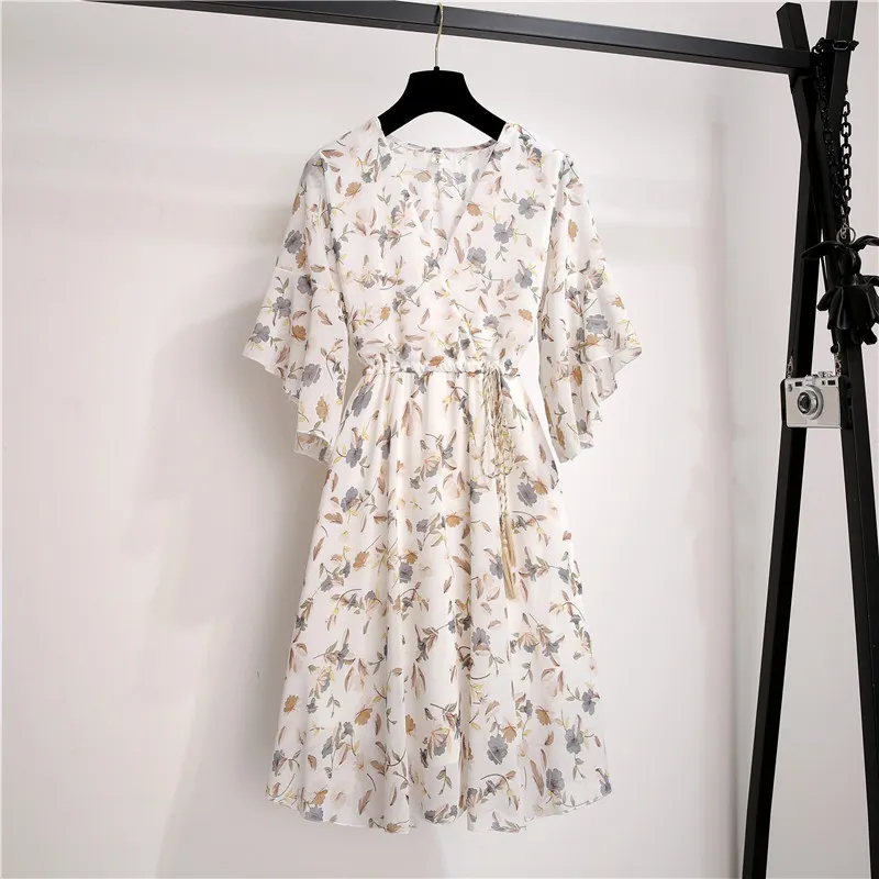 Spring Summer chiffon dress women knee length v-neck print sweet ruffle sleeeve slim new