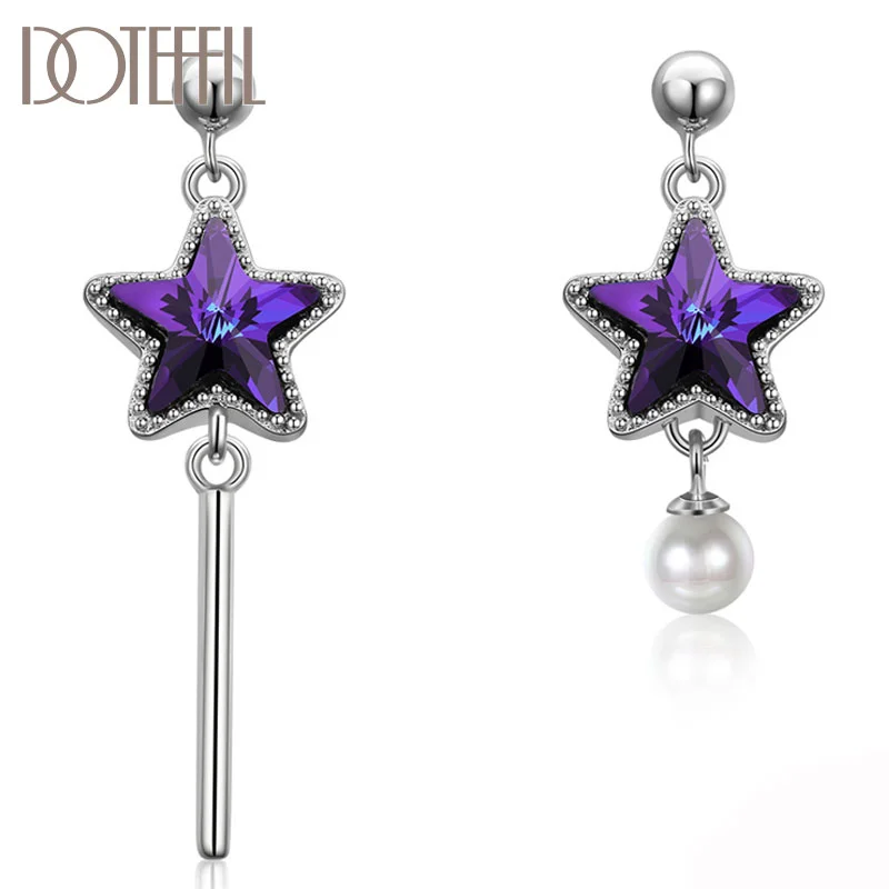 DOTEFFIL 925 Sterling Silver Pearl Blue/Purple Crystal Star Drop Earrings Women Jewelry 