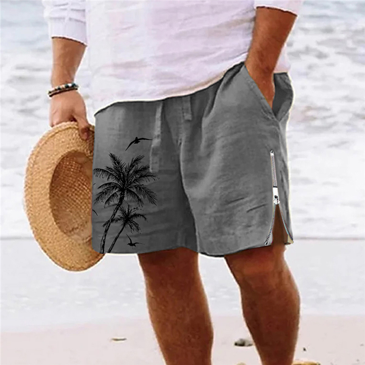 Summer Men's Printed Zipper Cotton Beach Shorts
