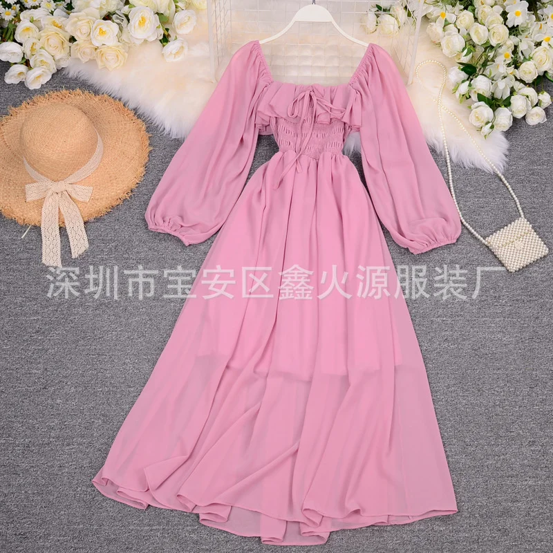 Zingj Zingj Beach Dress Super Fairy Dress Beach Vacation One Word Shoulder-Of-The-Shoulder Dress Temperament Big Swing Long Skirt