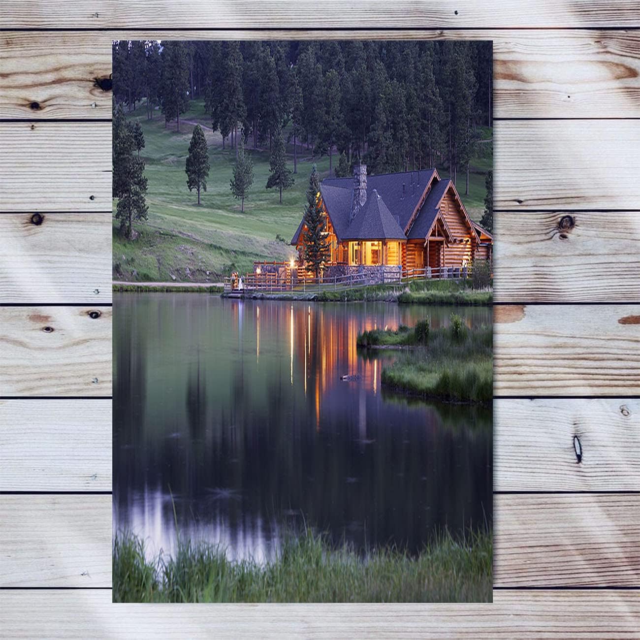 Mountain Canvas Wall Art Artwork Wooden Frame Painting Mountain Lodge Reflecting In Lake At Dusk Landscape Nature Artwork For Bedroom Bathroom Home Office Living Room Decorations 12x16 Inch 12x16 inch