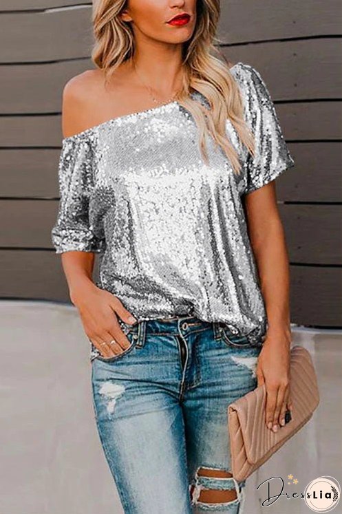 Off Shoulder Short Sleeve Sequin T-shirt