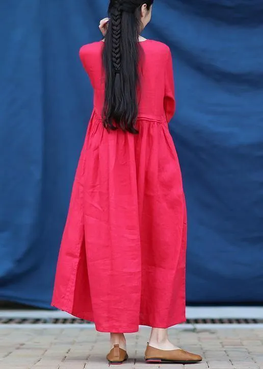 Beautiful o neck Cinched linen summer clothes Fabrics red Dresses