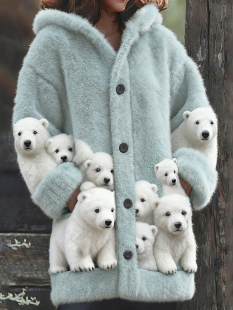 Lovely Polar Bears Cozy Fuzzy Hooded Cardigan elevenforest