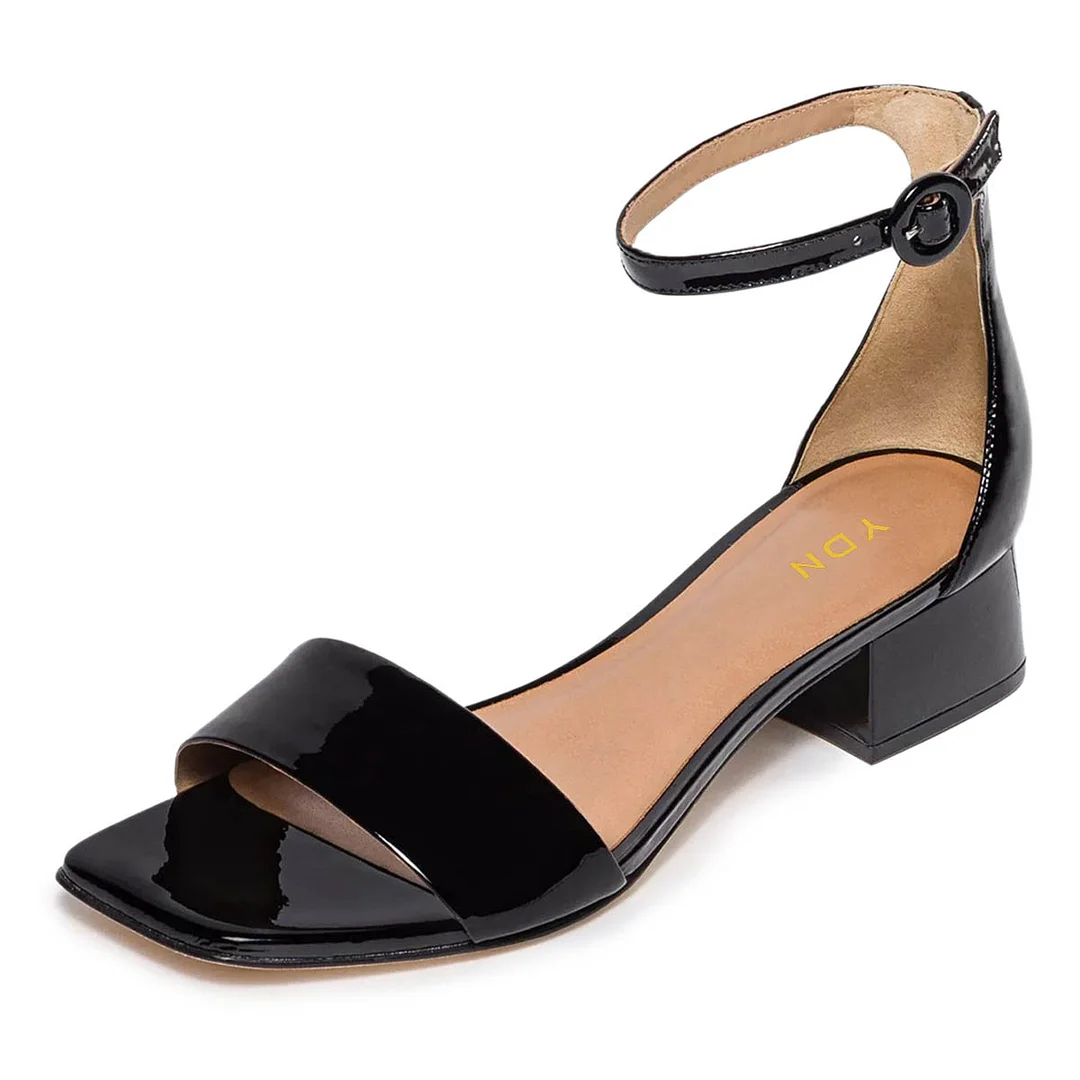 YDN Ankle Strap Open Square Toe Block Heeled Sandals in Black