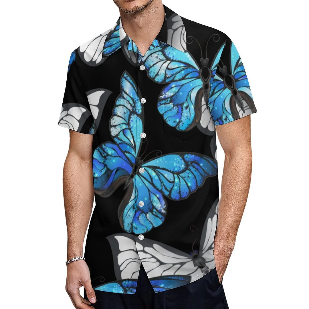 Vintage Black Royal Blue Gray Butterfly Hawaiian Shirt Mens Button Down Plus Size Tropical Hawaii Beach Shirts