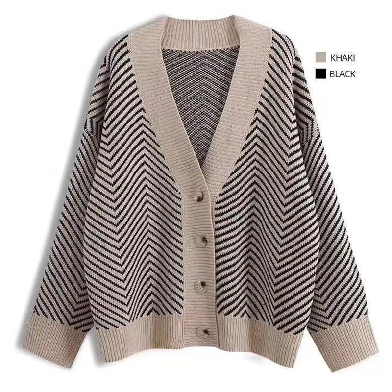 Winter V-neck Button Stripes Sweater Long Sleeve Christmas Cardigan Sweater Knitted Loose Oversize Jumper Tops Jacket Coat 17620