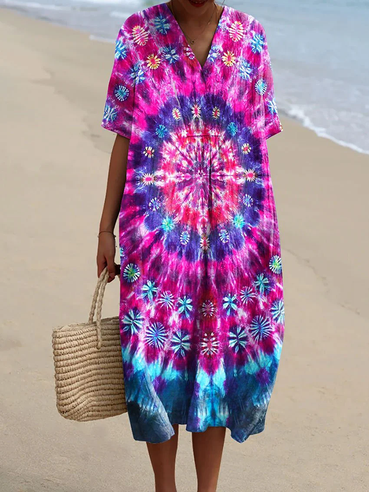 Comstylish Vintage Hippie Vibe Mandala Tie-dye Pattern Printed Women's Flowy Dress