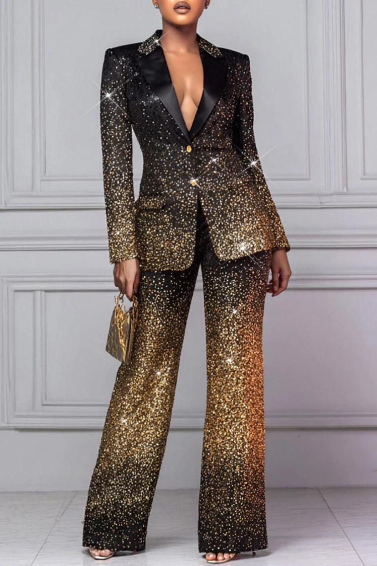 Xpluswear Design Plus Size Formal Gold Gradient Turndown Collar Long Sleeve Pocket Elegant Sequin Two Piece Pant Suits [Pre-Order]