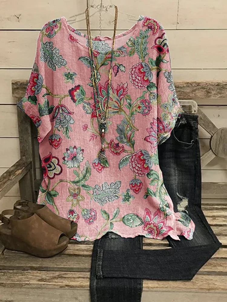 Women's Artistic Poppy Flower Pattern Cotton and Linen Short Sleeve Top