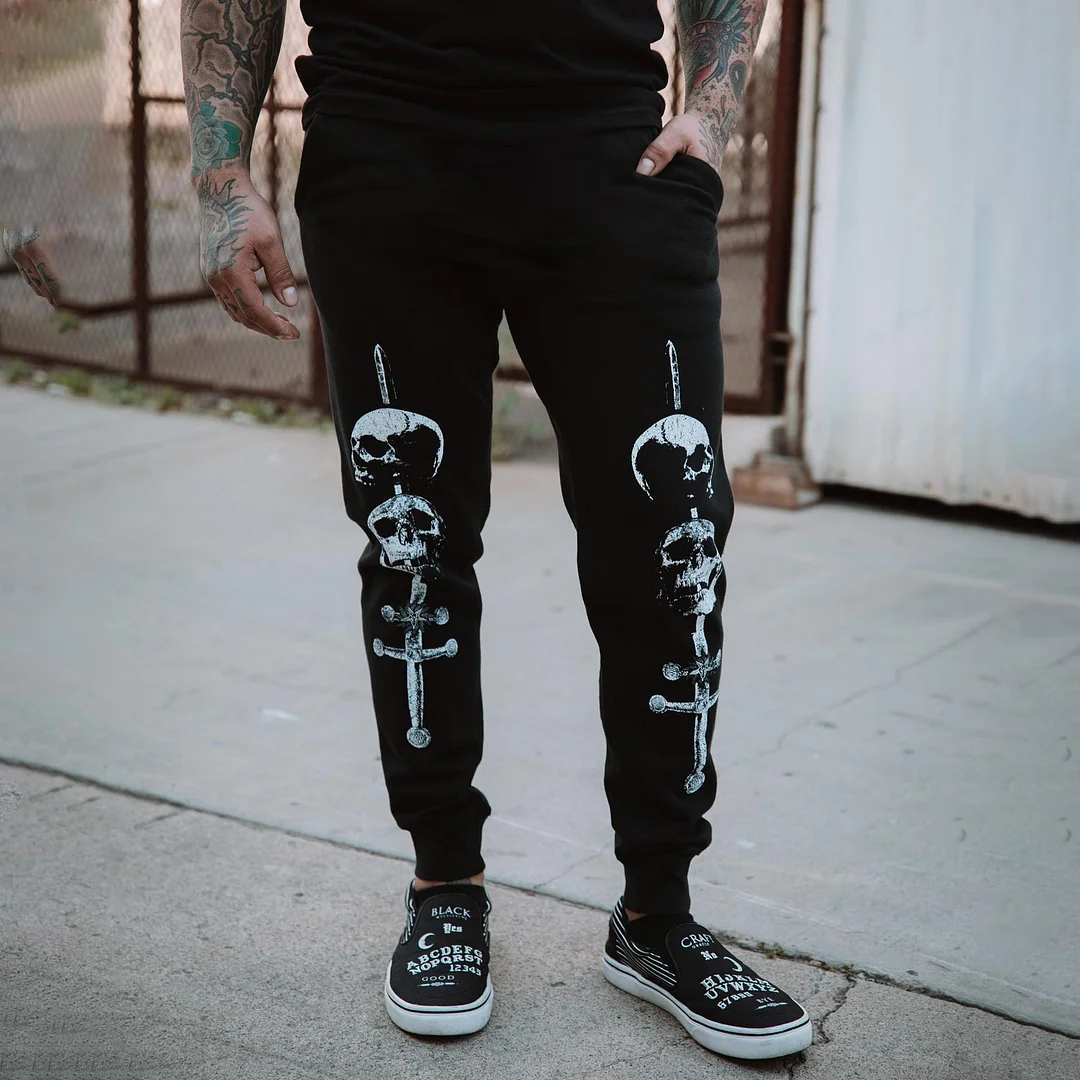 Dark Goth Skulls Print Men's Sweatpants