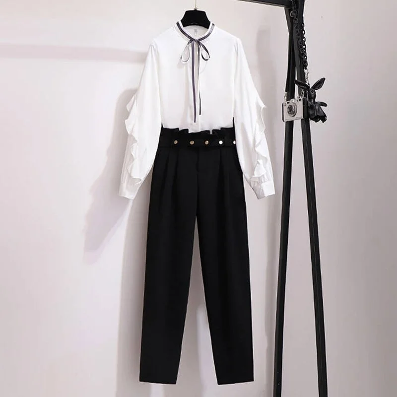 Flower bud pants suit female 2022 spring new style Korean fashion frill casual shirt high waist nine-point pants two-piece suit