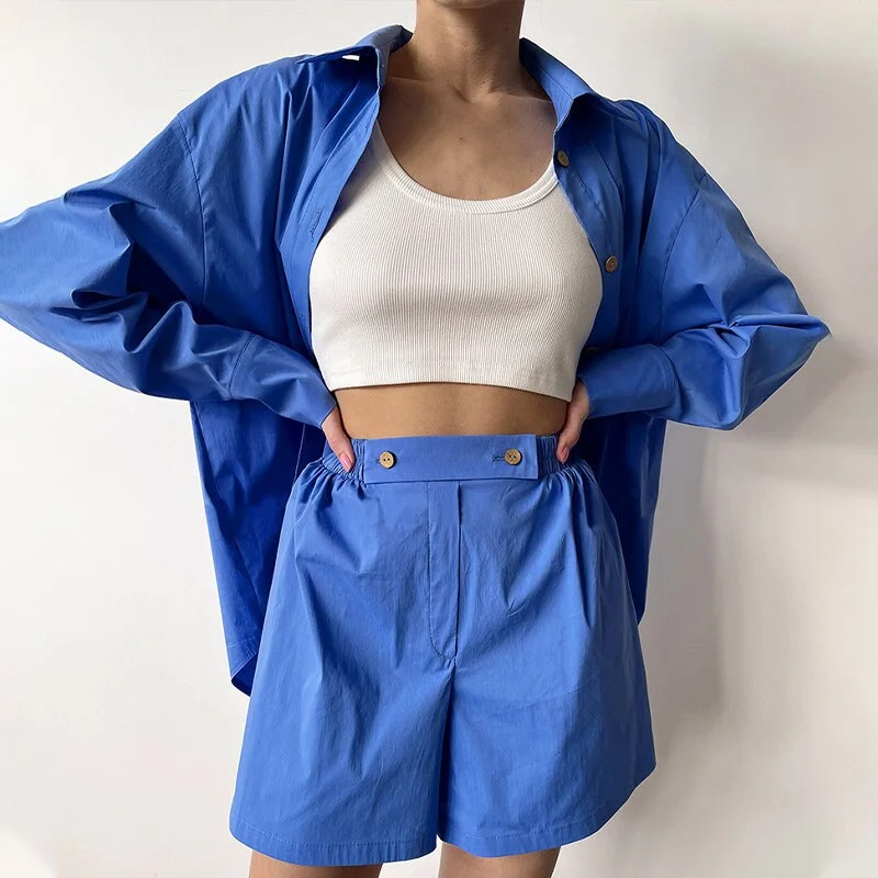 Casual Cotton Two Piece Outfits for Women Matching Sets Cozy Loungewear Spring 2021 Shirts Blouse and Shorts 2 Piece Set Fashion