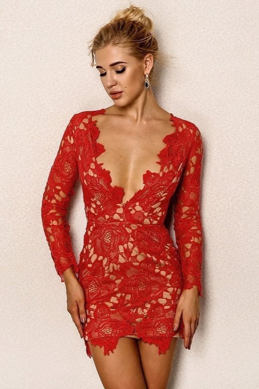 Chic Long Sleeve Lace Short Homecoming Dress - lulusllly