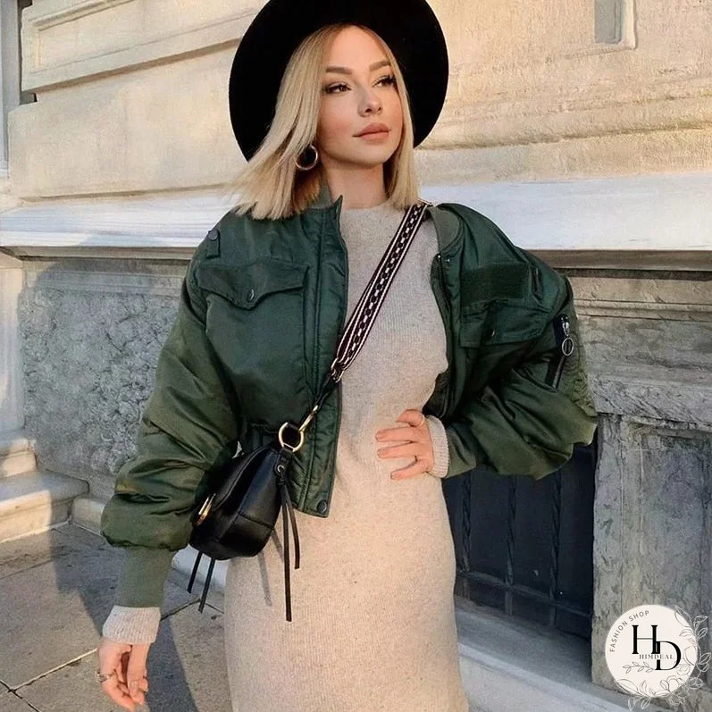 Stylish Lady Autumn Winter Za Green Short Jackets Women Fashion Long Sleeve Zipper Bomber Jacket Outwear Women's Coat