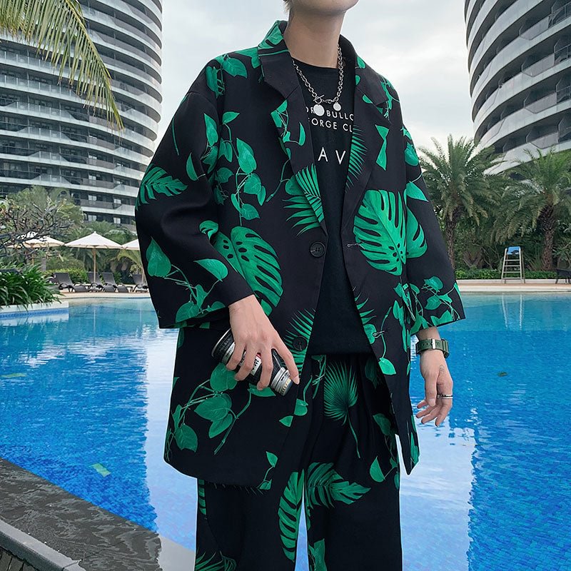 Woherb 2021 Fashion Men's Printing Suit Sets Short Sleeve Jacket Casual Pants Korean Trendy Streetwear Spring Summer Clothing Man
