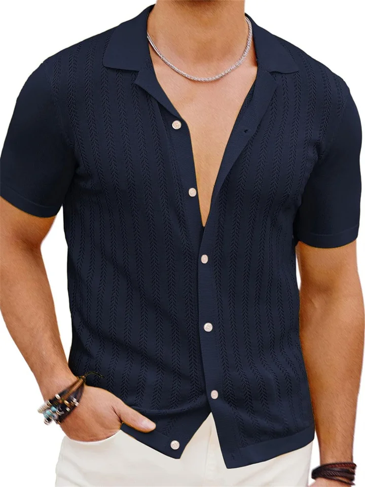 Summer New Short-sleeved Men's Fashion Knitted Hollow Breathable Cool Shirt Men's Casual Shirt-Cosfine