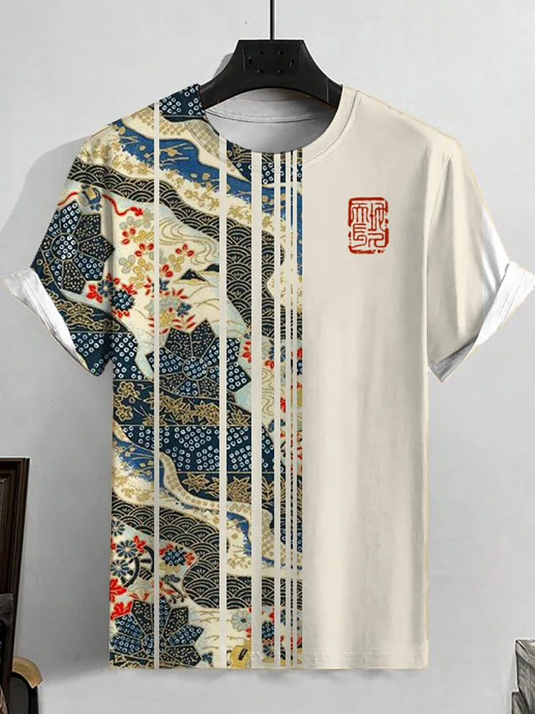 Men's Floral Japanese Art Pattern Print Colorblock T-Shirt