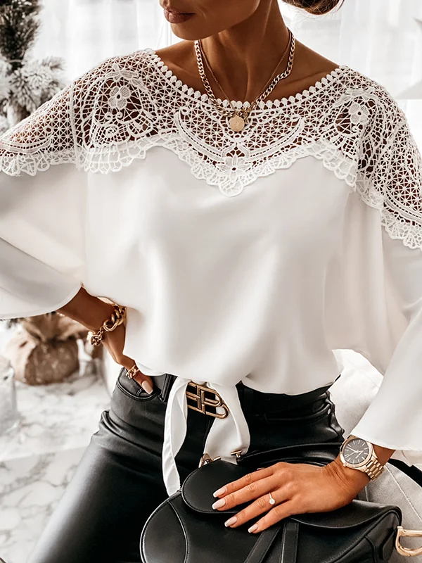 Solid Color Split-Joint Long Sleeves Loose Round-Neck Blouses&Shirts Tops