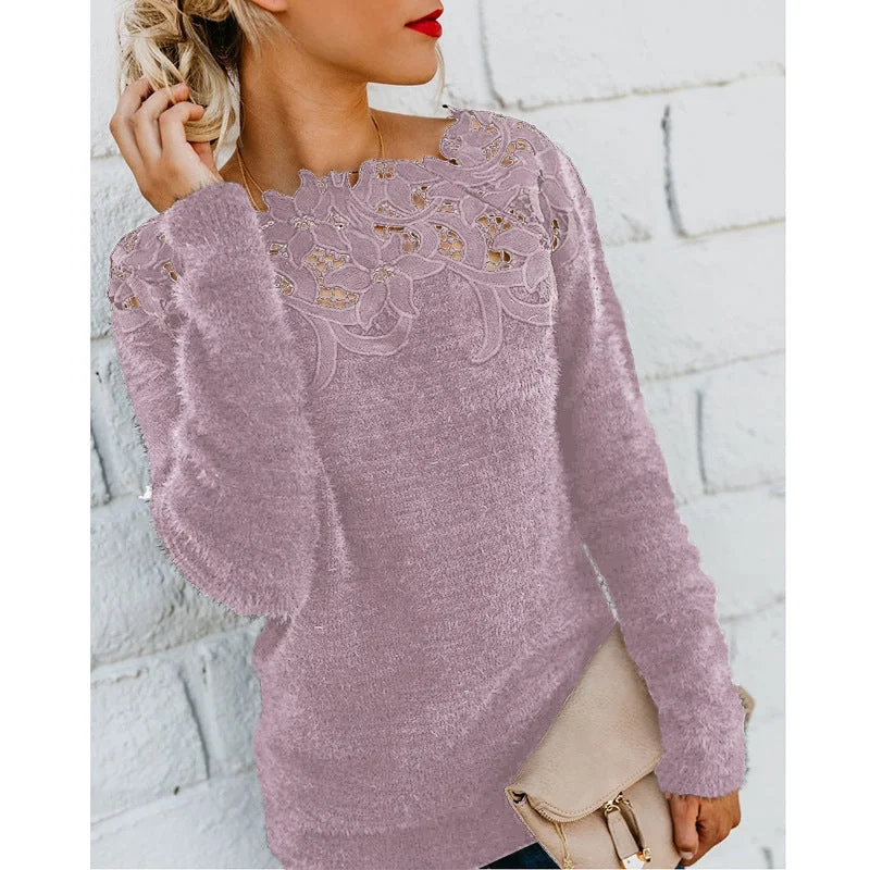 Off Shoulder Lace Splicing Solid Color Sweater