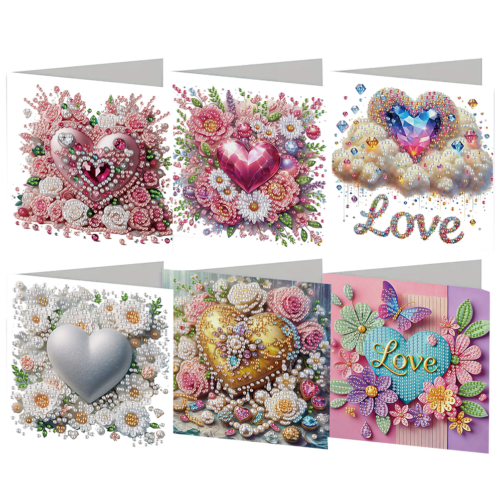 6pcs Diamond Art Cards DIY Handmade Diamond Painting Gifts Card (Heart)