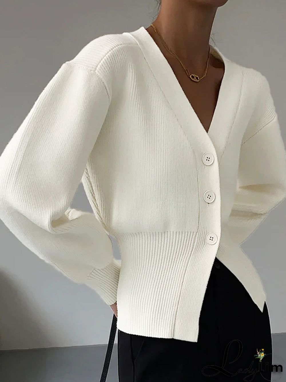 Solid V Neck Slit Knit Cardigan