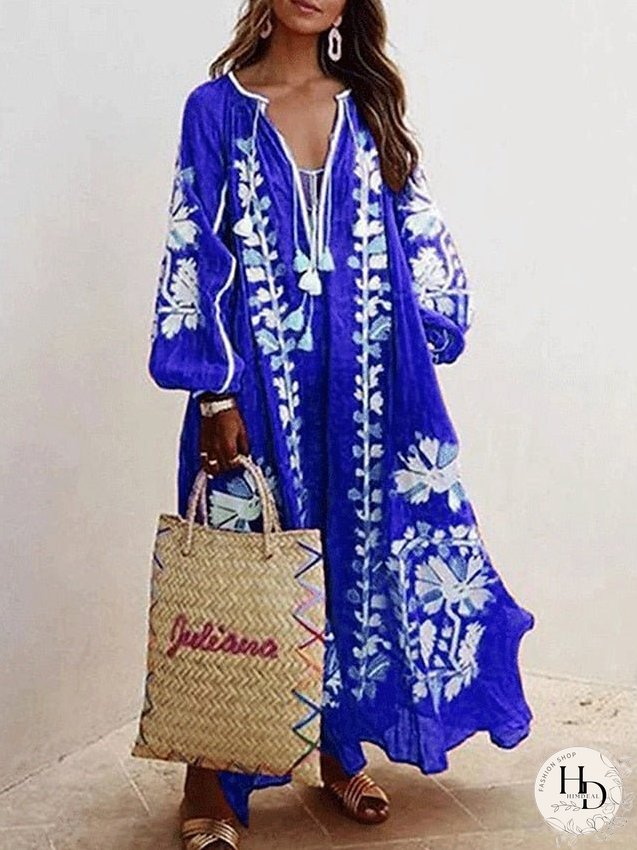 Casual Dress Swing Long Maxi Green Blue Khaki Sleeve Floral Patchwork Fall Spring Neck