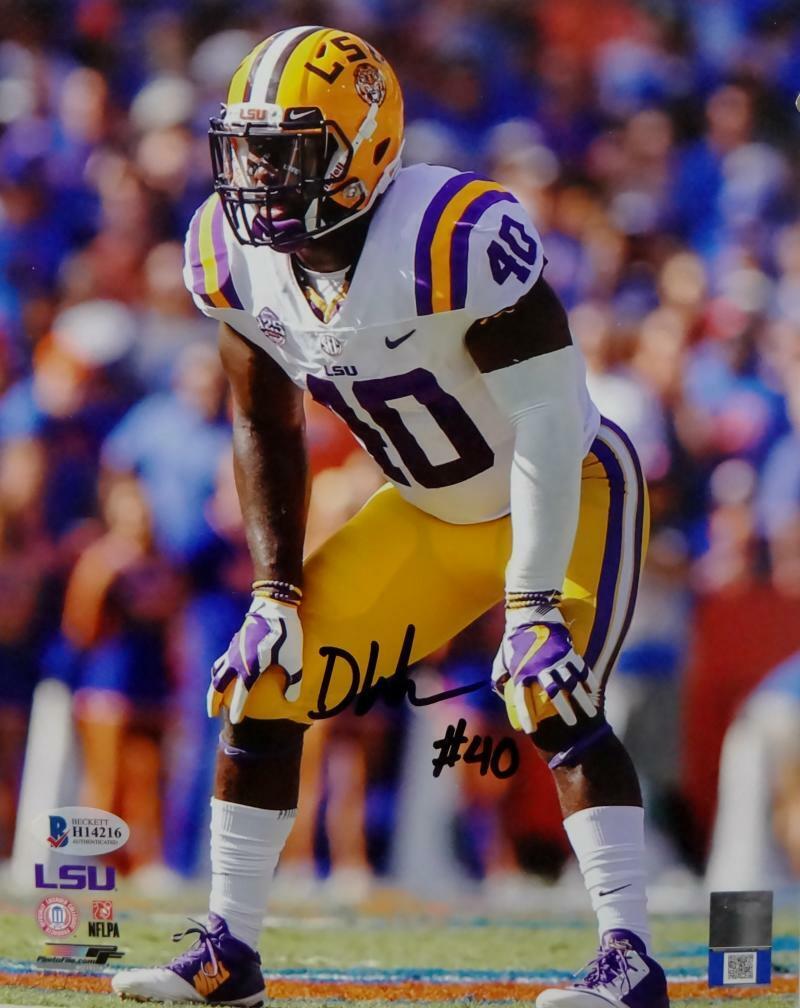 Devin White Autographed LSU 8x10 PF Photo Poster painting In Stance White Jersey - Beckett Auth