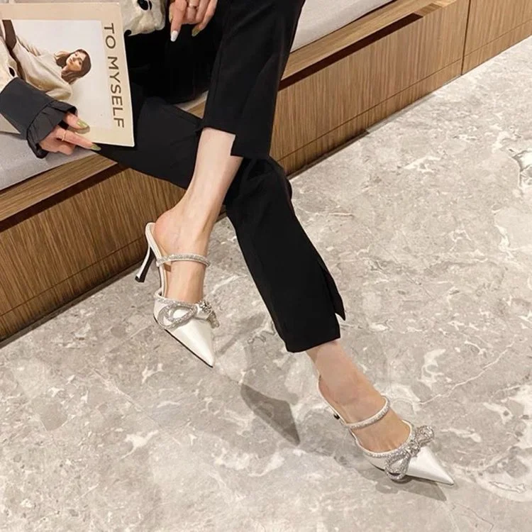 Yyvonne Women 2025 New Pointed Water Drill Bow Sexy Fine Back Empty Sandals Korean Version Of Muller Shoes