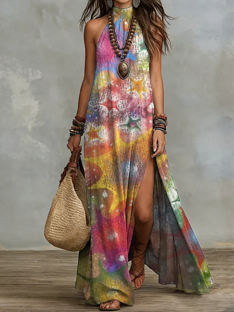 Bohemian Colorful Tie-dye Star Print Halter Maxi Dress &acirc;&euro;&rdquo; Vacation-style Cotton-linen Slit Dress
