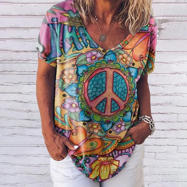Wearshes Hippie Peace Symbol Print Short Sleeve T-Shirt