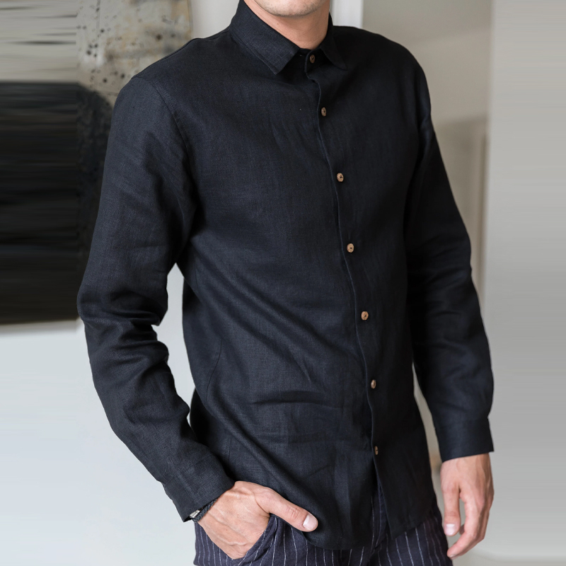 Men's Black Stand Collar Linen Shirt