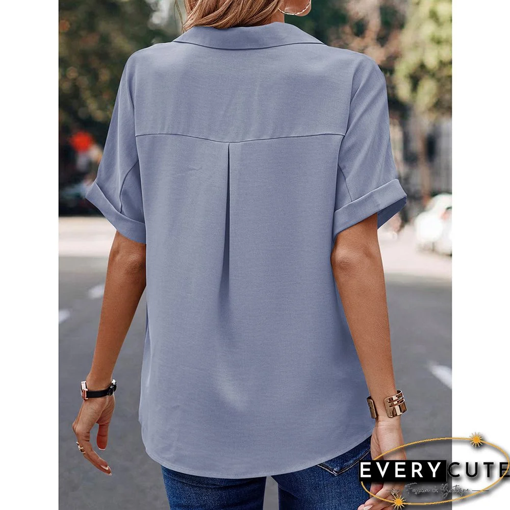 Light Blue Solid Pleated Button Pocket Short Sleeve Shirt
