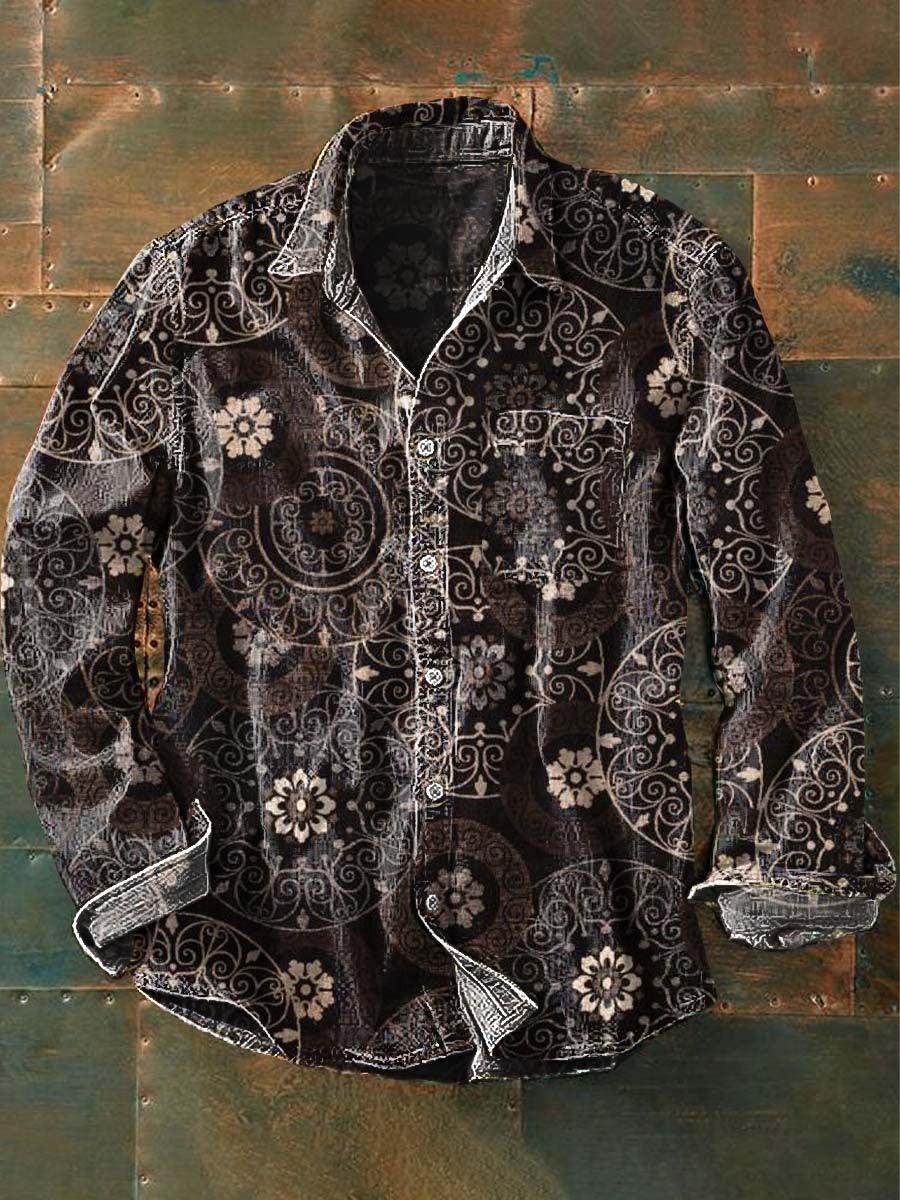 Men's Retro Floral Print Casual Lapel Long Sleeve Shirt