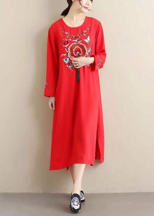 Chic O Neck Tassel  Tunics Outfits Red Embroidery A Line Dresses