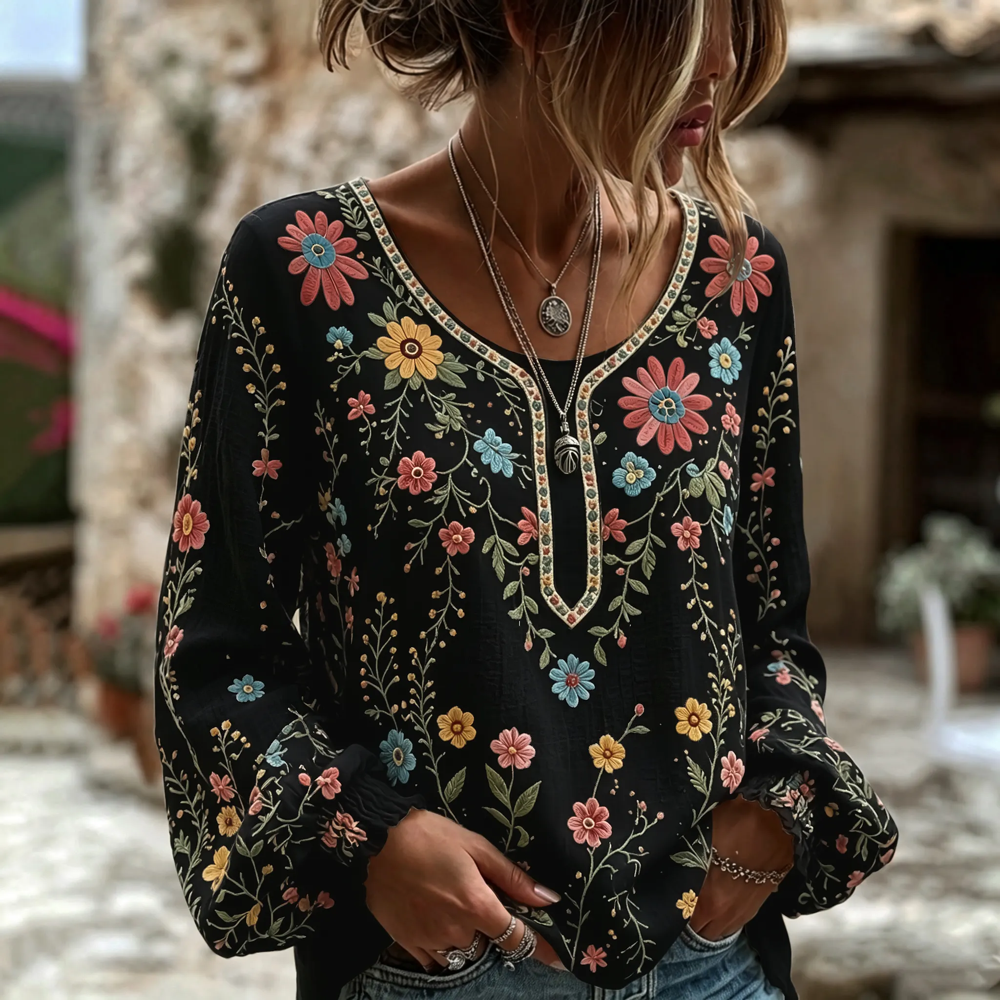 Women's Vintage Floral Art Print Flowy Linen Blend Linen Blend Long Sleeve Casual Tops elevenforest